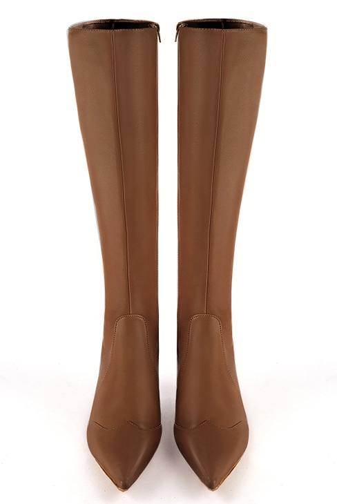 Caramel brown women's feminine knee-high boots. Pointed toe. Low flare heels. Made to measure. Top view - Florence KOOIJMAN